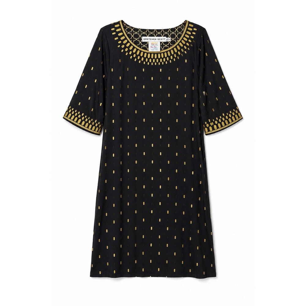 Gretchen Scott Dress Women's XL Black Gold Shift Tunic 3/4 Sleeve Dot Print NWOT
